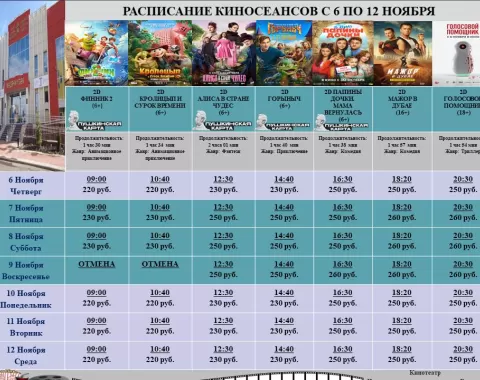 Расписание кинотеатра Центра культурного развития с 6 по 12 ноября